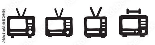 Vintage television icons set featuring classic retro style TVs with antennas and simple controls, representing broadcast media and entertainment.