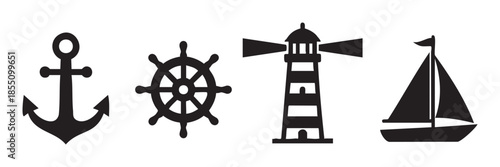 Nautical symbols anchor ship wheel lighthouse sailboat vector illustration set representing marine navigation, travel, and adventure on the open sea.
