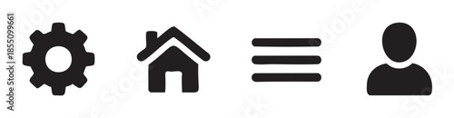 User interface icons representing common navigation, settings, home, and profile functions essential for modern digital applications and websites.