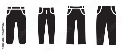Four different styles of black pants icons are displayed in a clean, minimalist vector illustration, showcasing diverse fashion designs suitable for both casual and formal attire.