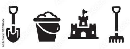 Sand toys bucket shovel rake sandcastle set of black silhouette icons illustrating summer beach activities and children's playtime.