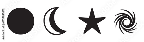Celestial symbols set featuring a full moon, crescent, star, and abstract spiral galaxy icon design for astronomy and space concepts.