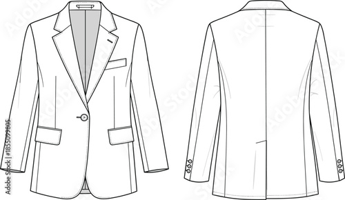 men blazer jacket technical flat sketch, front back view, formal tailored apparel design, fashion vector illustration isolated