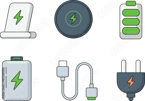 Minimal charging and battery icon set with wireless charger, cable, plug and power symbols, modern energy technology illustration