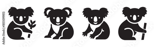Four cute koala bear marsupial animal icons in various poses, representing Australian wildlife and nature in a simple, graphic vector style.