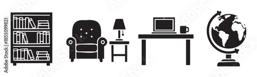Home office furniture and study elements depicted as a collection of minimalist black and white icons for various design purposes.