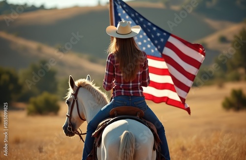Woman in cowboy hat rides white horse carrying American flag. Wears plaid shirt, jeans. Rural landscape background with hills, dry grass. Outdoors activity celebrating patriotism. Equestrian