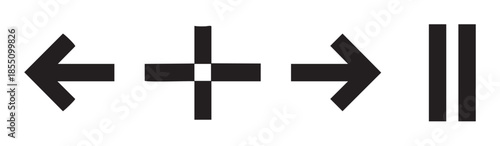 Black directional arrows and control symbols are displayed in a minimalist graphic design, representing navigation, movement, and media playback functions.