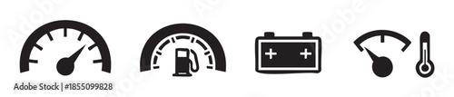Automotive dashboard gauges and battery indicator icons represent essential vehicle performance metrics for monitoring speed, fuel, power, and engine temperature.