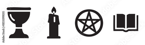 Mystical ritual symbols collection featuring a chalice, burning candle, pentagram, and open book, representing spirituality, magic, and ancient practices.