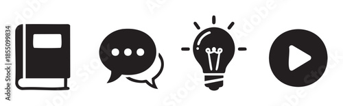 Book speech bubble lightbulb play button icons symbolizing education, communication, ideas, and multimedia content for various digital applications.