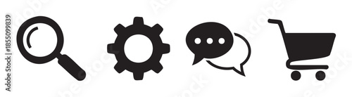Four essential user interface icons representing search, settings, chat, and shopping functions are displayed as a clear, minimalist black vector illustration.