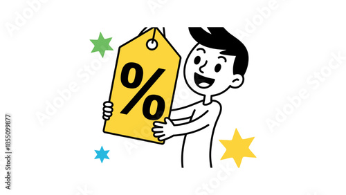 A happy person holds a yellow tag with a percentage sign.