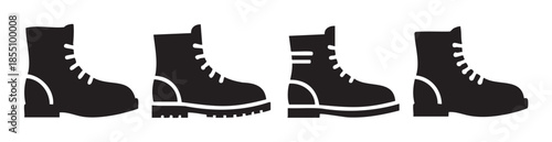 Four different black silhouette combat boots vector icons are displayed horizontally, representing various styles of sturdy footwear in a simple graphic illustration.