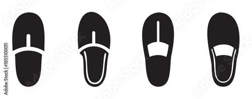 Four different types of comfortable slippers or house shoes in a simple black silhouette icon style, representing various indoor footwear options for relaxation and home comfort.