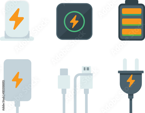 Minimal charging and battery icon set with wireless charger, cable, plug and power symbols, modern energy technology illustration