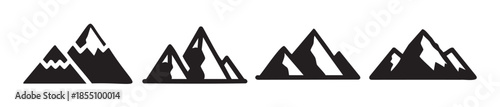 Mountain icons set featuring various stylized peaks and ranges, perfect for representing adventure, nature, and outdoor activities in graphic design projects.
