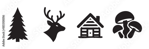 Simple black silhouettes of nature and forest icons including a pine tree, deer, cabin, and mushrooms, representing outdoor wilderness themes.