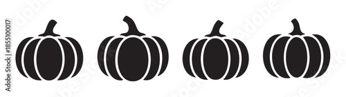 Four black pumpkin silhouettes with white outlines arranged horizontally, creating a simple and versatile graphic design element for autumn and Halloween themes.