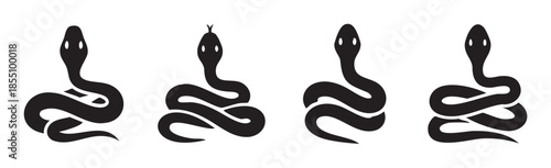 Four black snake icons in various stylized poses, representing reptiles, danger, nature, and ancient symbolism, suitable for graphic design elements or animal themes.
