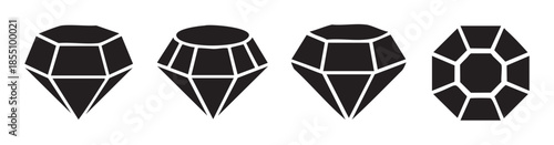 Four black silhouette diamond gemstone icons representing luxury, wealth, and preciousness, perfect for jewelry design, engagement, or valuable concepts in graphic projects.