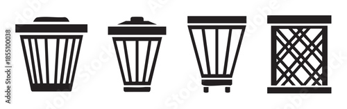 Four different stylized trash cans and waste bins are presented as black vector icons, illustrating various designs for refuse disposal and recycling.