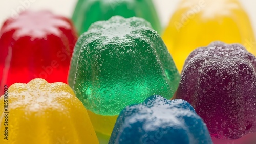 Colorful assorted fruit-flavored gelatin desserts close-up, macro photography