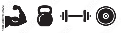 Fitness equipment and strong arm icons representing strength training and physical exercise for a healthy lifestyle and active living.