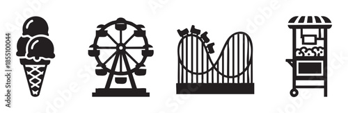 Amusement park carnival fairground attractions icons are depicted in a simple black and white graphic style, representing classic entertainment and treats.
