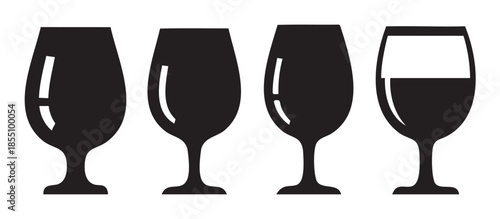 Four black wine glass icons representing different levels of liquid, from empty to half-full, suitable for beverage and bar-related design elements.