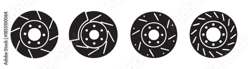 Automotive brake discs vector icons illustrate various rotor designs, showcasing essential components for vehicle safety, maintenance, and high-performance systems.