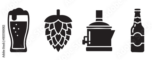 Beer brewing icons including a glass of frothy beer, a hop cone, a brewing kettle, and a classic bottle, presented as simple graphic symbols.