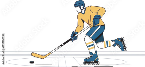Dynamic vector graphic featuring a professional inline hockey athlete skating with a puck. This high-quality sports illustration is ideal for roller hockey leagues, equipment ads, and fitness designs.