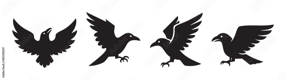 Fototapeta premium Four ravens flying with spread wings, depicted as black silhouettes in various dynamic poses, creating a powerful and mystical avian illustration.