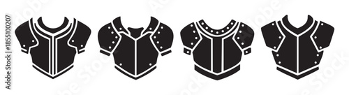 Four different medieval knight armor chest plates with shoulder protection designs are displayed in a row, representing strength and historical warfare.