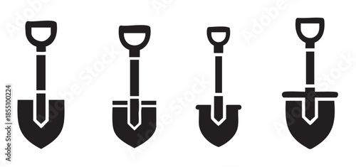 Shovel icons are displayed as a set of four distinct black silhouettes, representing essential digging tools for gardening, construction, and utility work.