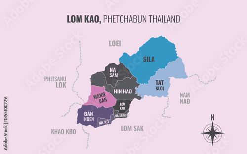 Map showing Lom Kao District Phetchabun Thailand divided into sub-districts with minimalist colorful patterns