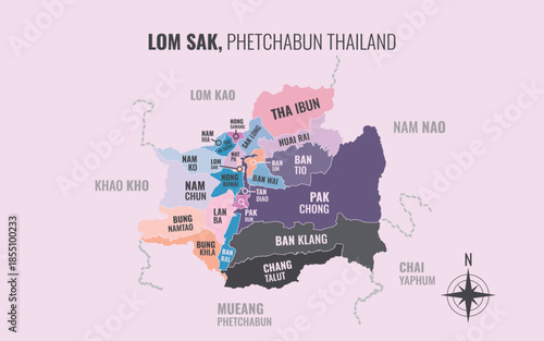 Map showing Lom Sak District Phetchabun Thailand divided into sub-districts with minimalist colorful patterns