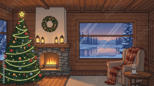 Cozy log cabin interior with a decorated christmas tree, roaring fireplace, and a window view of a serene snowy landscape at dusk