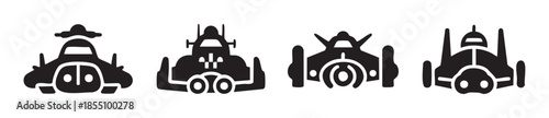 Futuristic vehicles icons set with various stylized designs showcasing a collection of unique and modern transportation concepts in a simple black silhouette style.