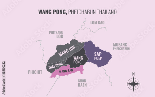 Map showing Wang Pong District Phetchabun Thailand divided into sub-districts with minimalist colorful patterns