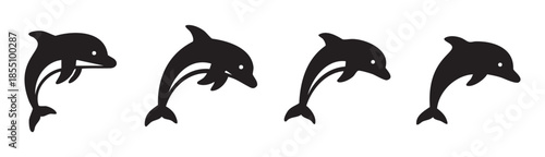 Four black dolphin silhouettes gracefully leaping and swimming together in a dynamic and playful vector illustration representing marine life and ocean joy.