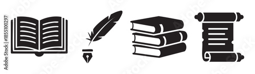 Literary symbols including an open book, quill pen, stacked books, and a scroll represent education, writing, and historical knowledge.
