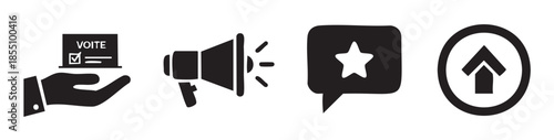Voting megaphone star arrow icons represent various digital engagement concepts such as participation, communication, feedback, and upward progress in a clean, modern vector style.