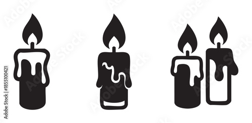 Burning candle icons with dripping wax in a minimalist black silhouette style, representing warmth, celebration, and remembrance for various design projects.