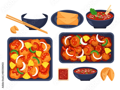 Asian Takeout Food Assortment Sweet and Sour Chicken Spring Rolls Rice Soup Fortune Cookies
