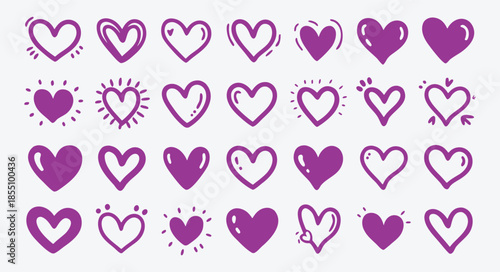 Charming collection of handdrawn red heart doodles expressing love and romantic feelings for design