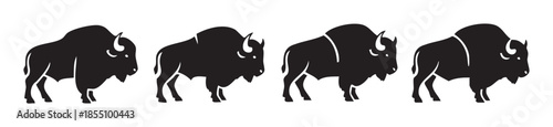 Four bison silhouettes in various poses, depicted as a set of black graphic icons, representing strength, wilderness, and American wildlife.