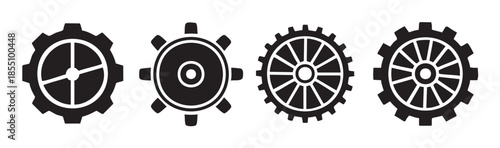 Four distinct gear icons representing machinery, settings, and progress are displayed in a clean, minimalist black and white vector illustration.