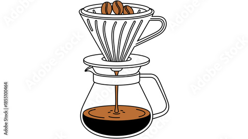 Coffee brewing process with beans and carafe on white background.